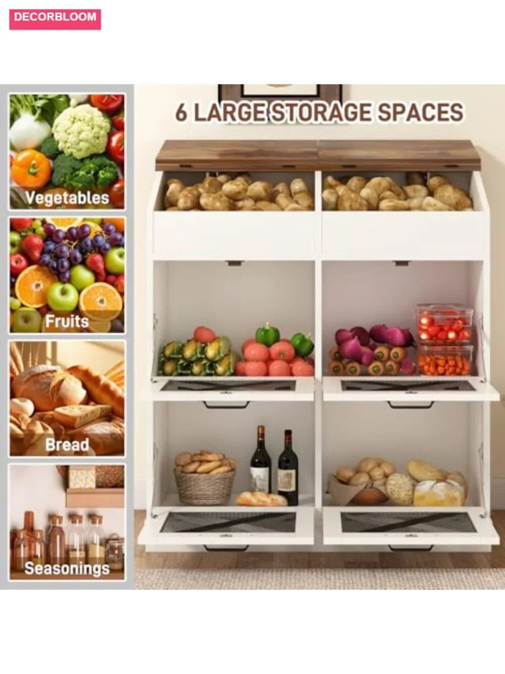 Wood Vegetable Storage Bin with Lid 6 Compartment Mesh Doors Bread Box